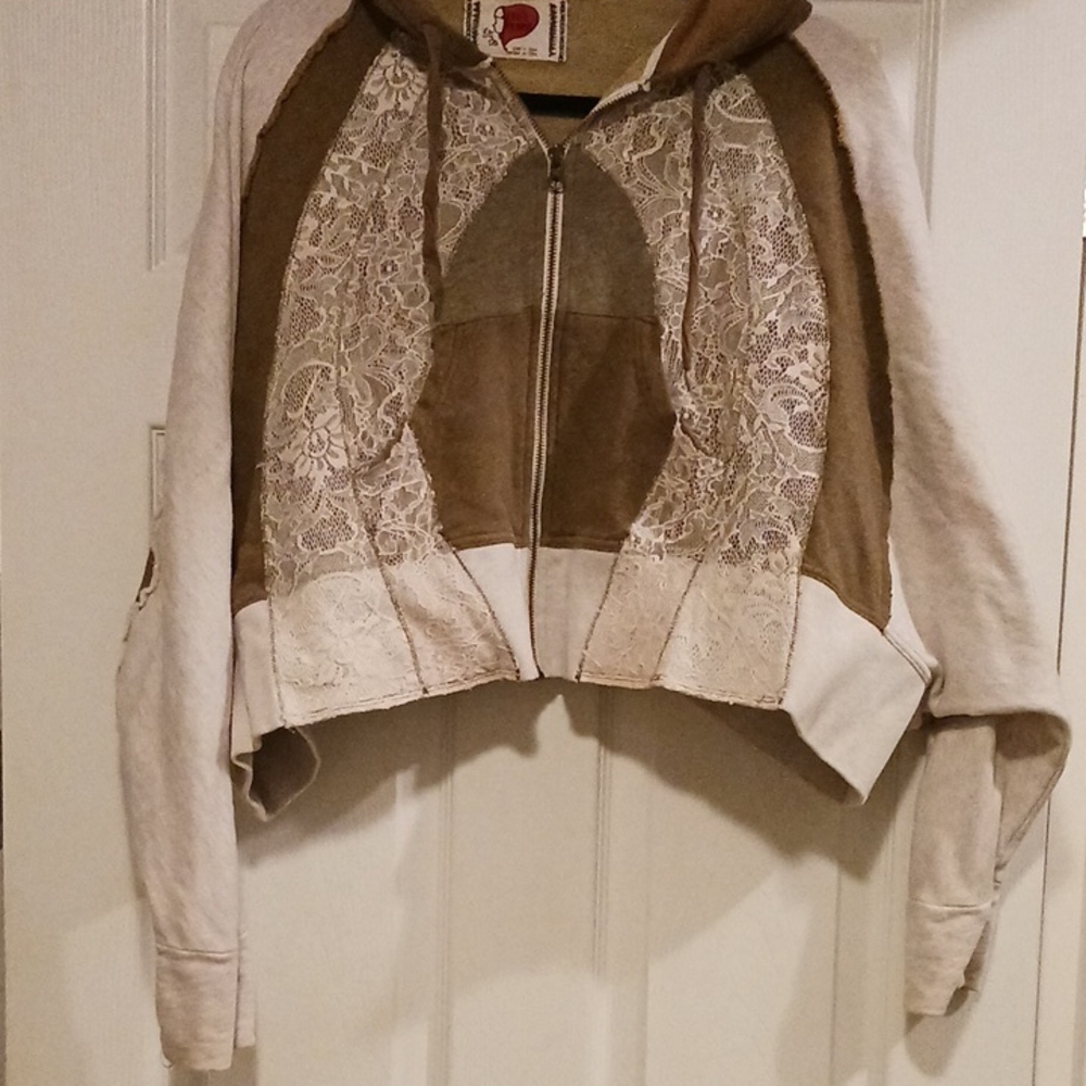 Free People Women's Beige Lace Patchwork Hoodie